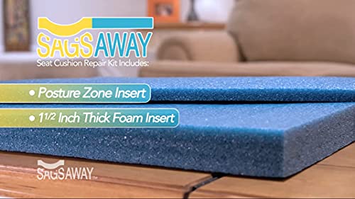 SagsAway laying on a table. Overlay text says "Seat cusion repair kit incudes: posture zone insert and 1.5" thick foam insert."