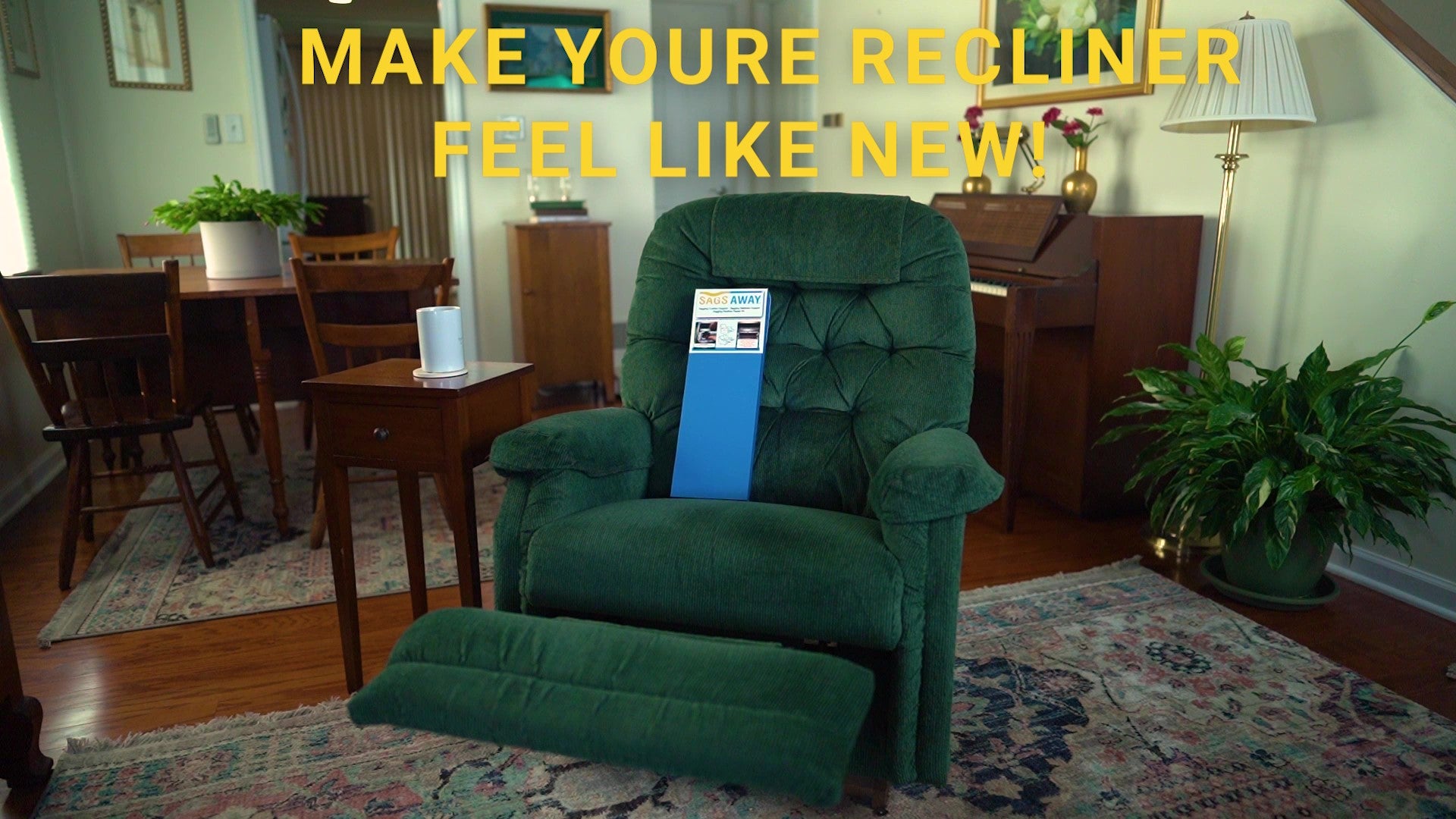 A recliner with a SagsAway repair kit in the seat. Overlay text says "make your recliner feel like new!"