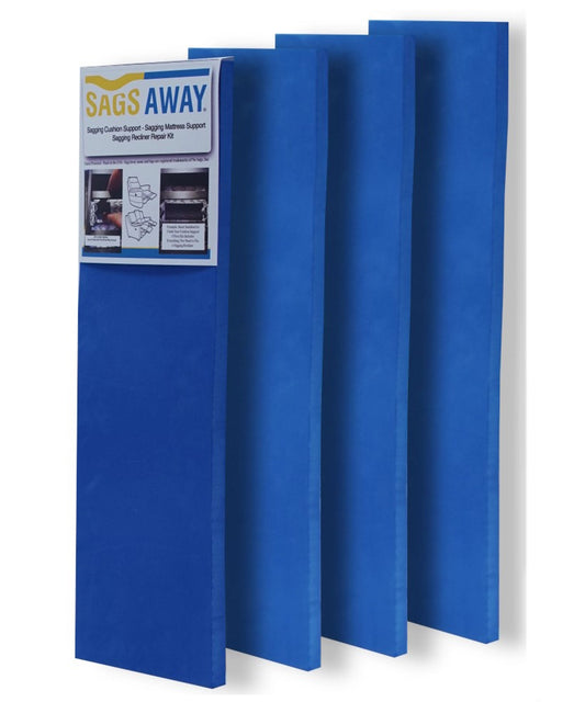A 4 piece SagsAway recliner repair kit (blue foam inserts) stacked on top of each other.