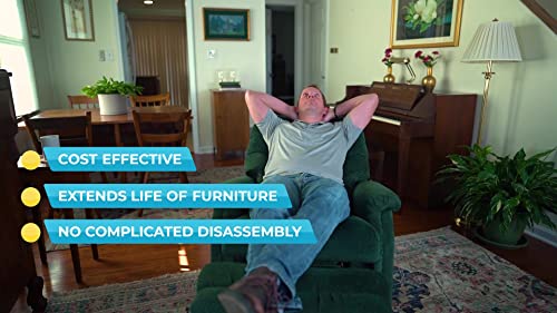 Man leaning back in restored recliner. Overlay text says "cost effective" and "extends life of furniture" and "no complicated disassembly."