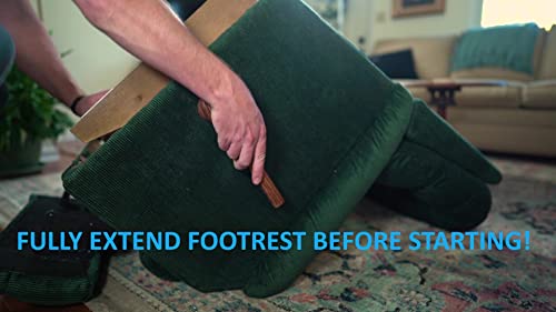 An instructional image with a reliner tipped upside down. Overlay text says "fully extend footrest before starting!"