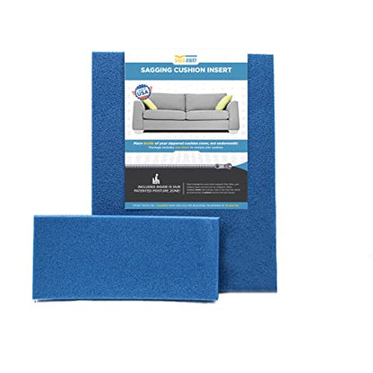 Blue-colored SagsAway sofa repair kit against a white background.